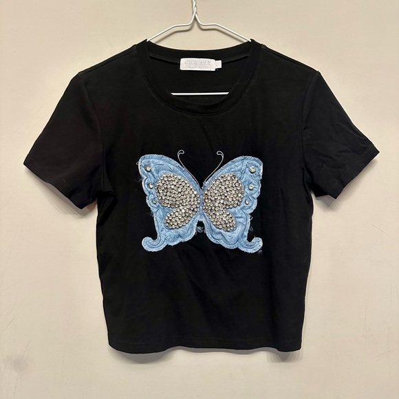 muy muy Tops - Y2K Vibes Muy Muy Denim Butterfly w/ Rhinestone Embellishments Black T Small